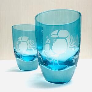 Pair Vintage Crabs Drinking Glass Tumbler Blue Flashing Ocean Themed Drinkware